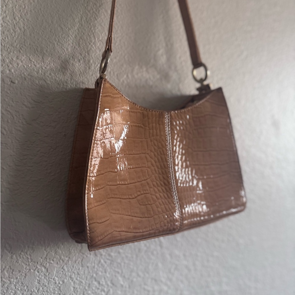 Croc-Embossed Tan Shoulder Bag